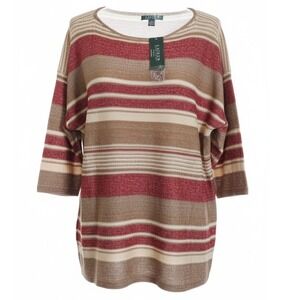 Lauren Ralph Lauren Linen Blend Sweater 2X Red Beige Metallic Sparkle NWT $129